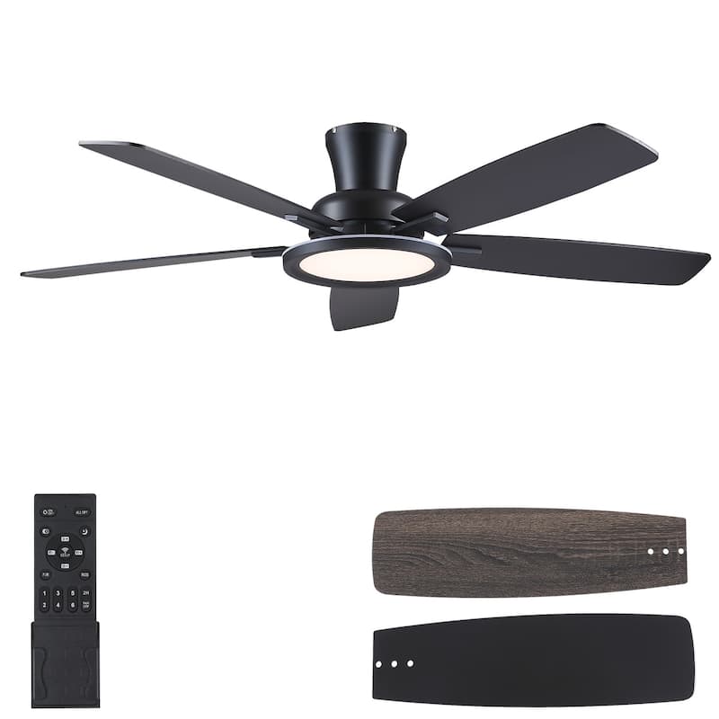 52/54 Inch Flush Mount Low Profile Ceiling Fan with Light,Remote and App Control - 52 Inches - Black