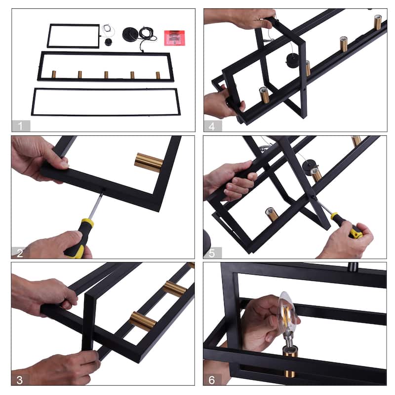 Modern 5-Light Linear Chandelier Candle Kitchen Island Lights - Black&Brass - 36.7"Wx7"Dx14.7"H