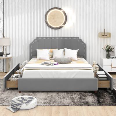 Queen Size Upholstery Platform Bed with Four Storage Drawers,Support Legs,Grey