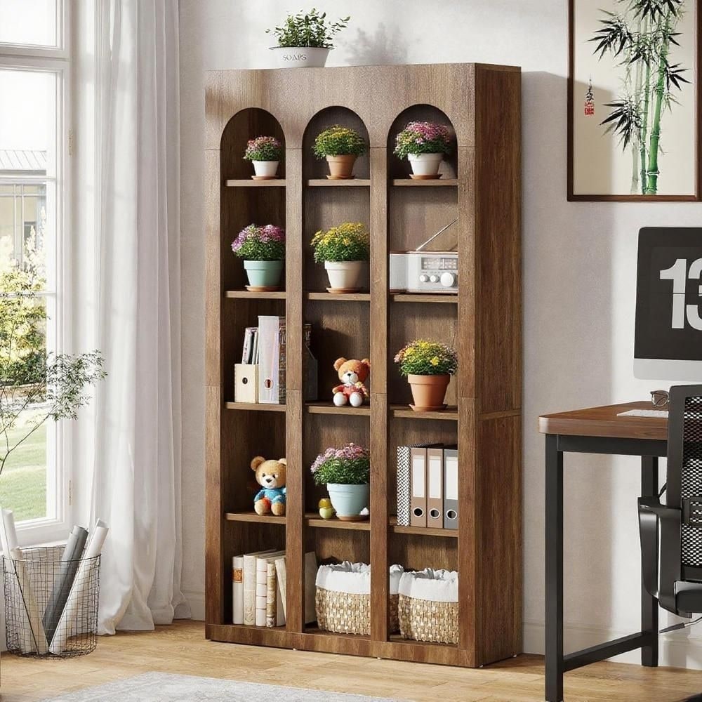 High Bookshelf, wooden arched bookshelf, display rack, with large storage space, suitable for living rooms, storage cabinets