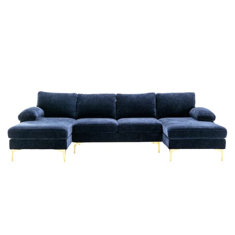 U-shape Sleeper Sofa Living Room Furniture Chenille Fabric Sectional Sofa with Pillow Top Arms Chaise and Iron Feet Support