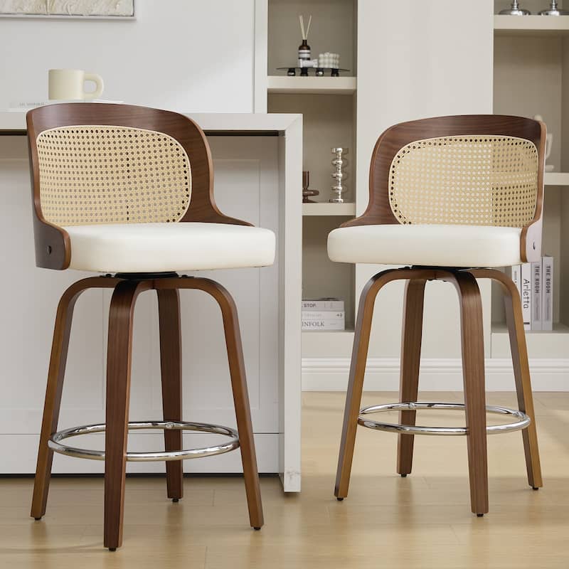 26" Upholstered Swivel Counter & Bar Stool with Rattan Back - 37.4"H x 19.09"W x 19.88"D