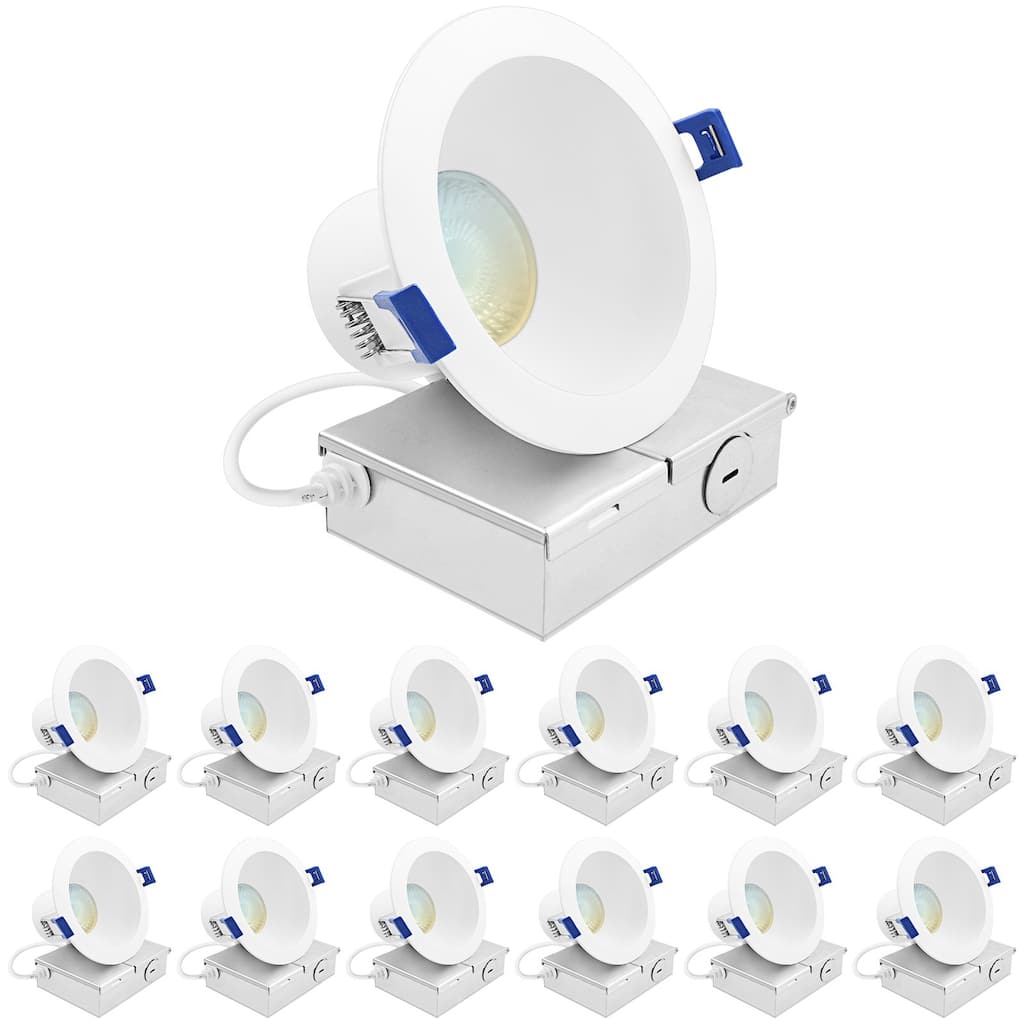 Luxrite 4" LED Recessed Ceiling Light J-Box 12W 5CCT 1160 Lumens Dimmable Wet Rated IC Rated 12 Pack
