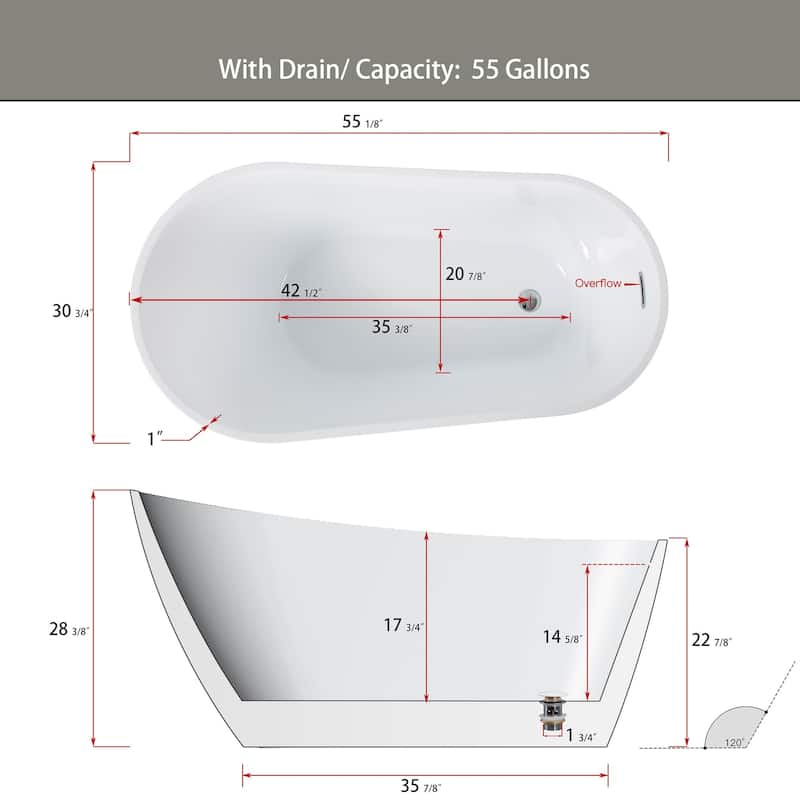 55"/59"/63"/67" Acrylic Freestanding Soaking Bathtub with Drain