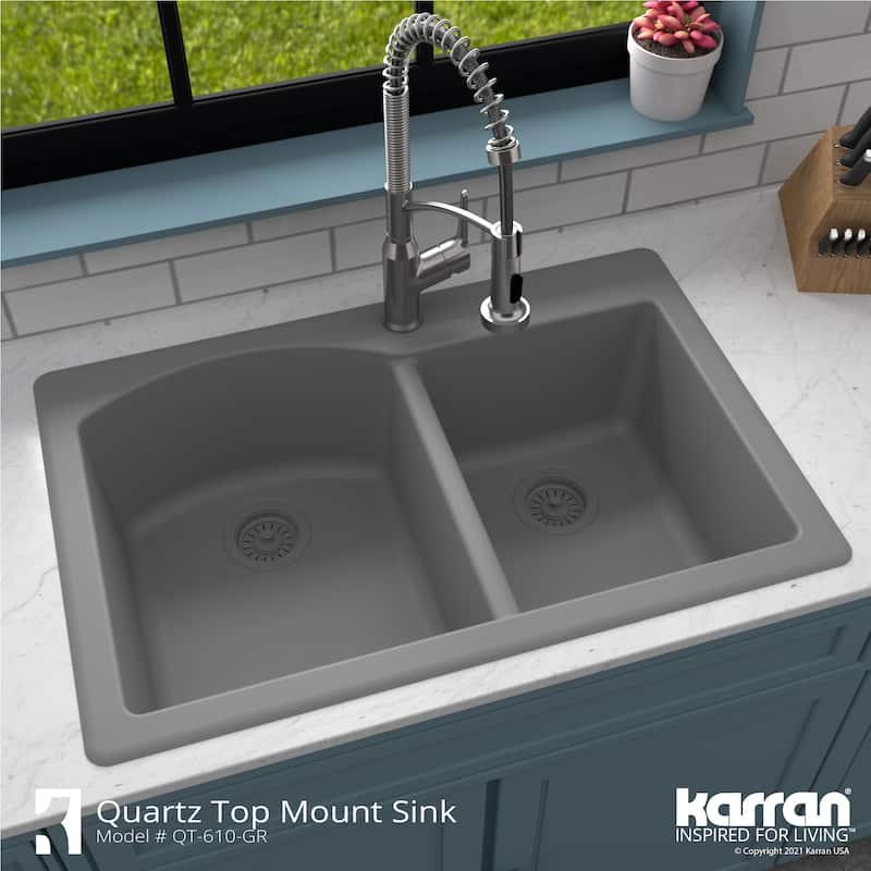 Top Mount 33-inch Large/Small Bowl Quartz Kitchen Sink - 33" x 22" x 9"