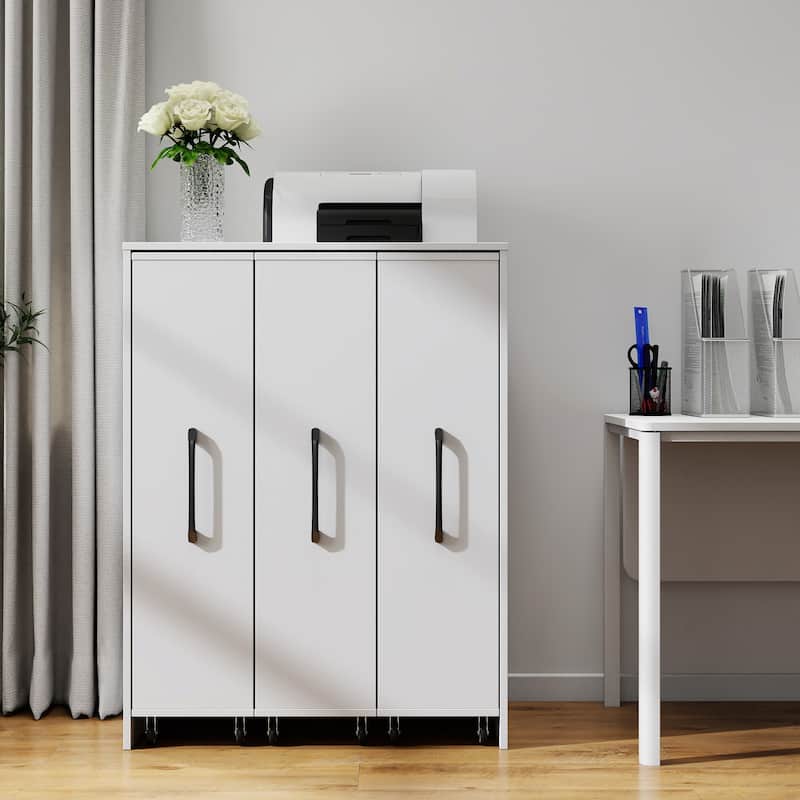 3-Tier Bookcase with Sliding Doors, Floor Standing Storage Cabinet with Wheels for Office, Bedroom and Living Room