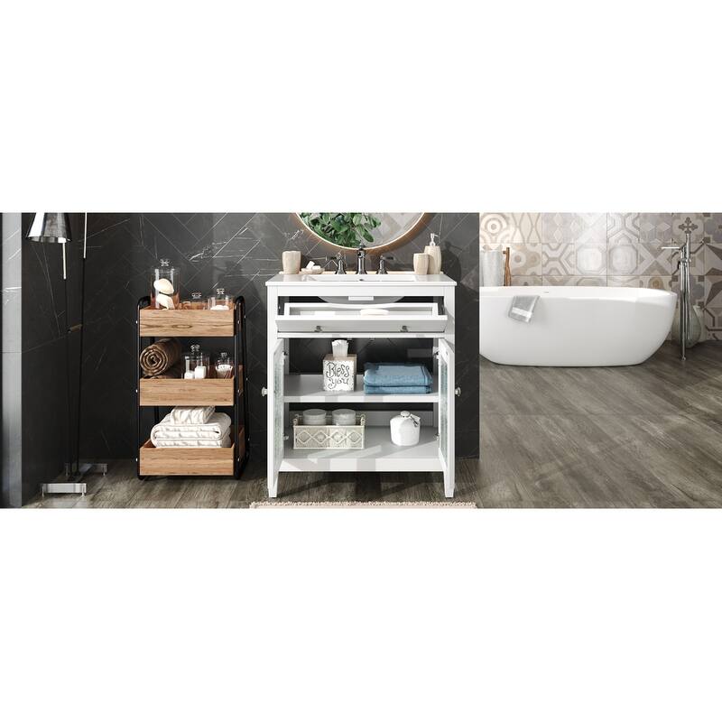 30"Bathroom Vanity with Ceramic Sink, Adjustable Shelf and Tip-Out Tray, Solid Wood Legs, Metal Knobs and Soft Close Hinges