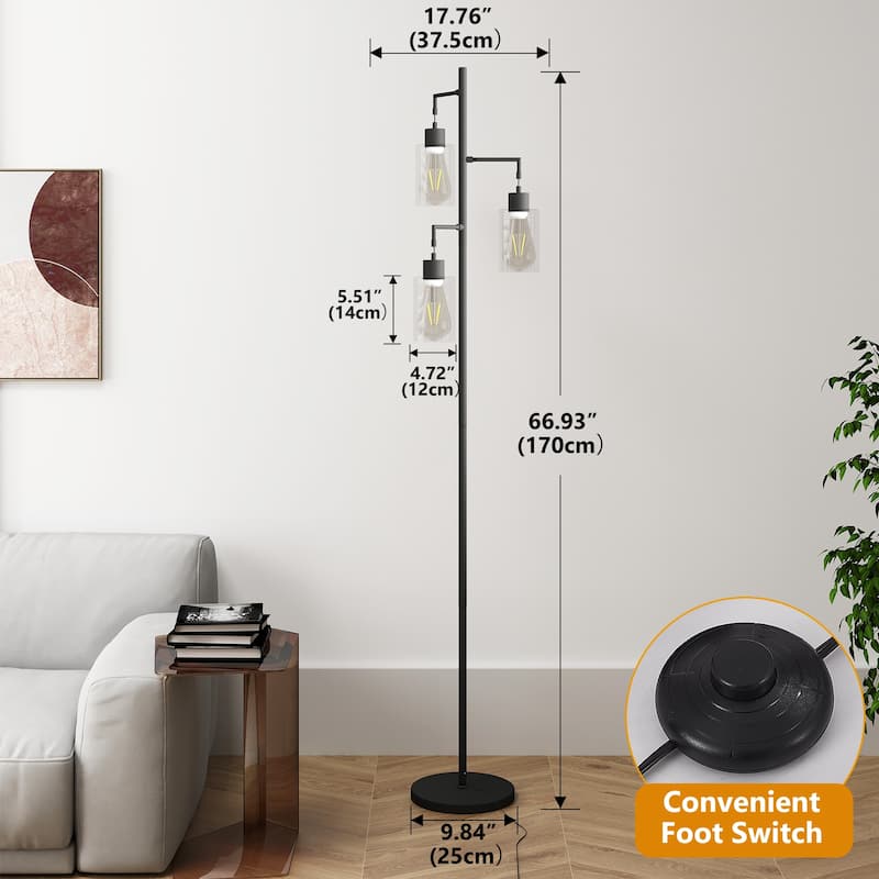 67" 3-Light Tree-Shaped Floor Lamp - Glass Lampshades & Foot Switch for Living Room & Bedroom