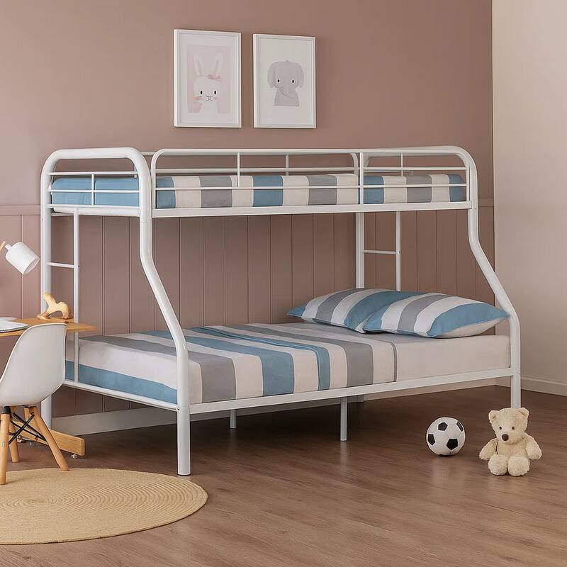 Fegy Twin over Full Bunk Bed with Ladder and Rails, White Metal Frame