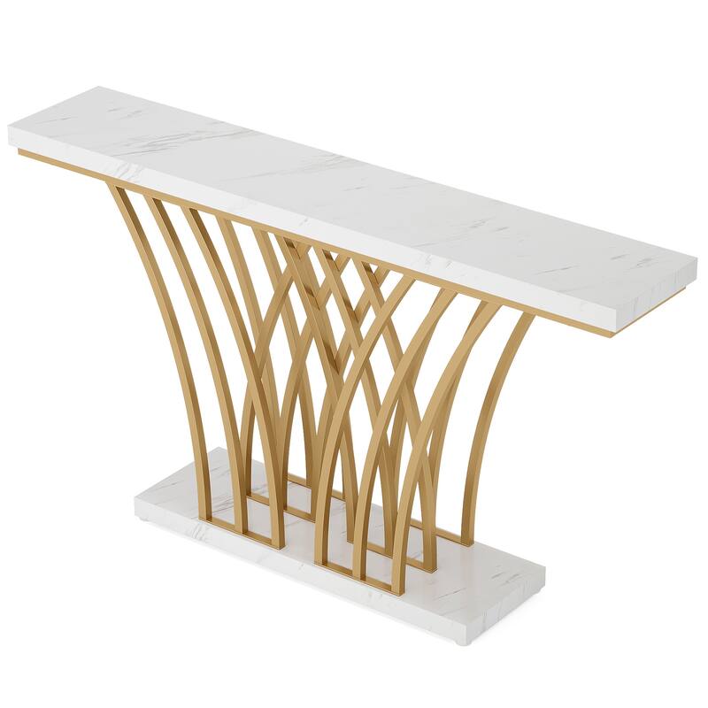 59" Gold Console Table, Modern Faux Marble Entryway Table with Grid Metal Base, Narrow Accent Sofa Table for Living Room