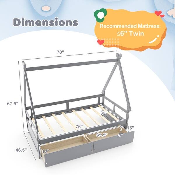 dimension image slide 1 of 2, Twin Size Wooden House Bed with Roof and Safety Guardrail