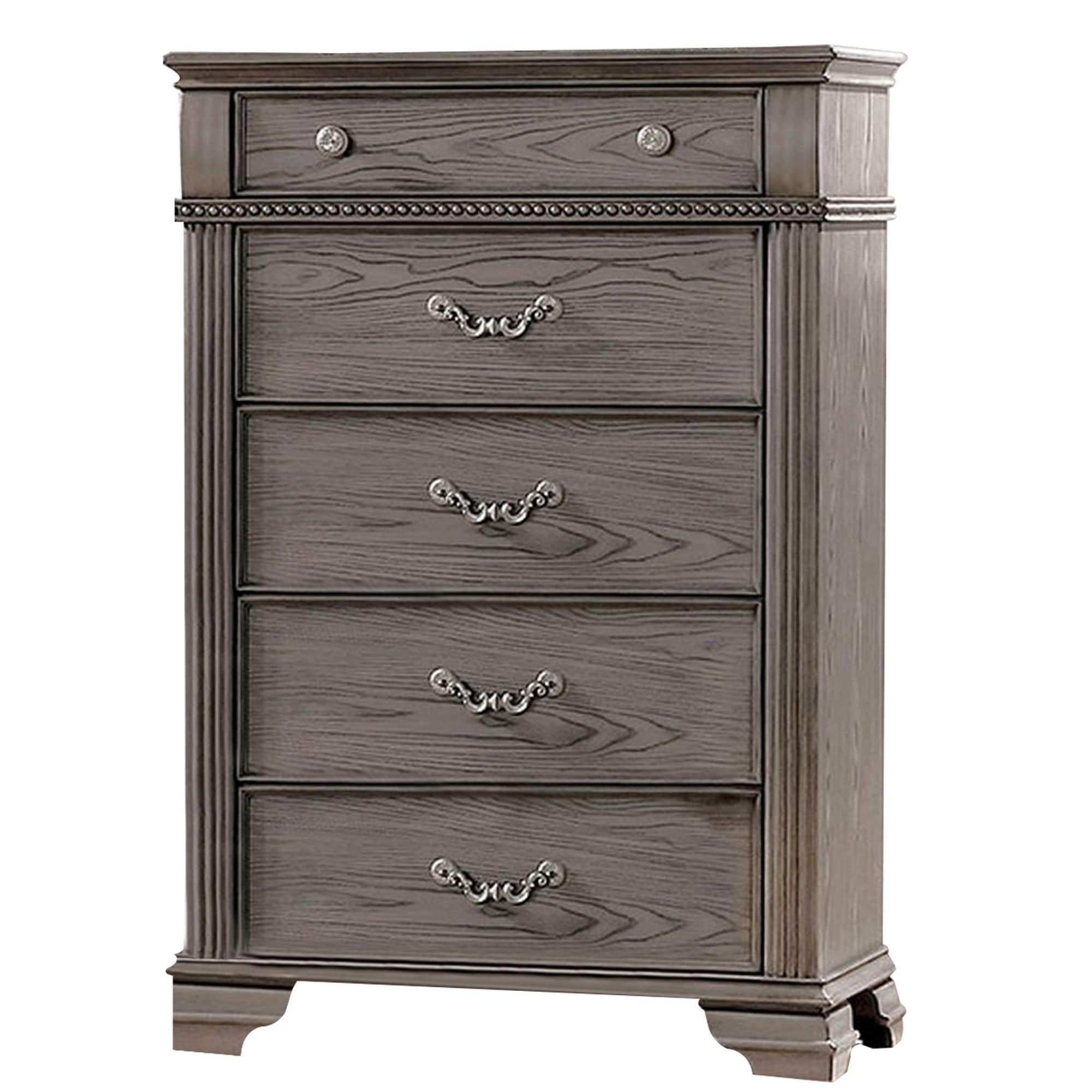 Akia 53 Inch 5 Drawer Tall Dresser Chest, Round Metal Knobs, Smooth Gray