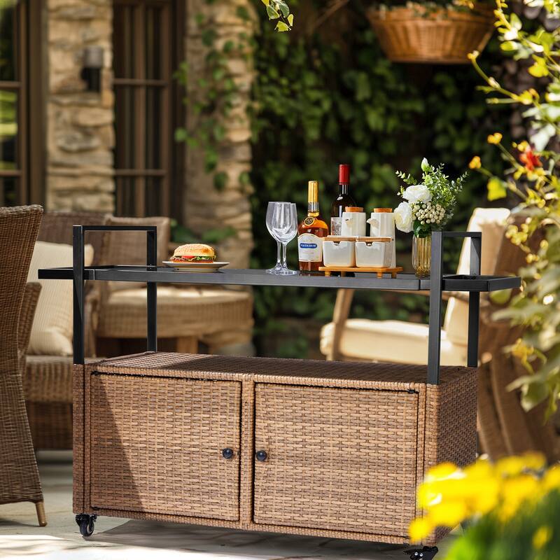Outdoor Wicker Bar Cart Table with Storage and Wheels - 51.2" x 19.7" x 35.4"