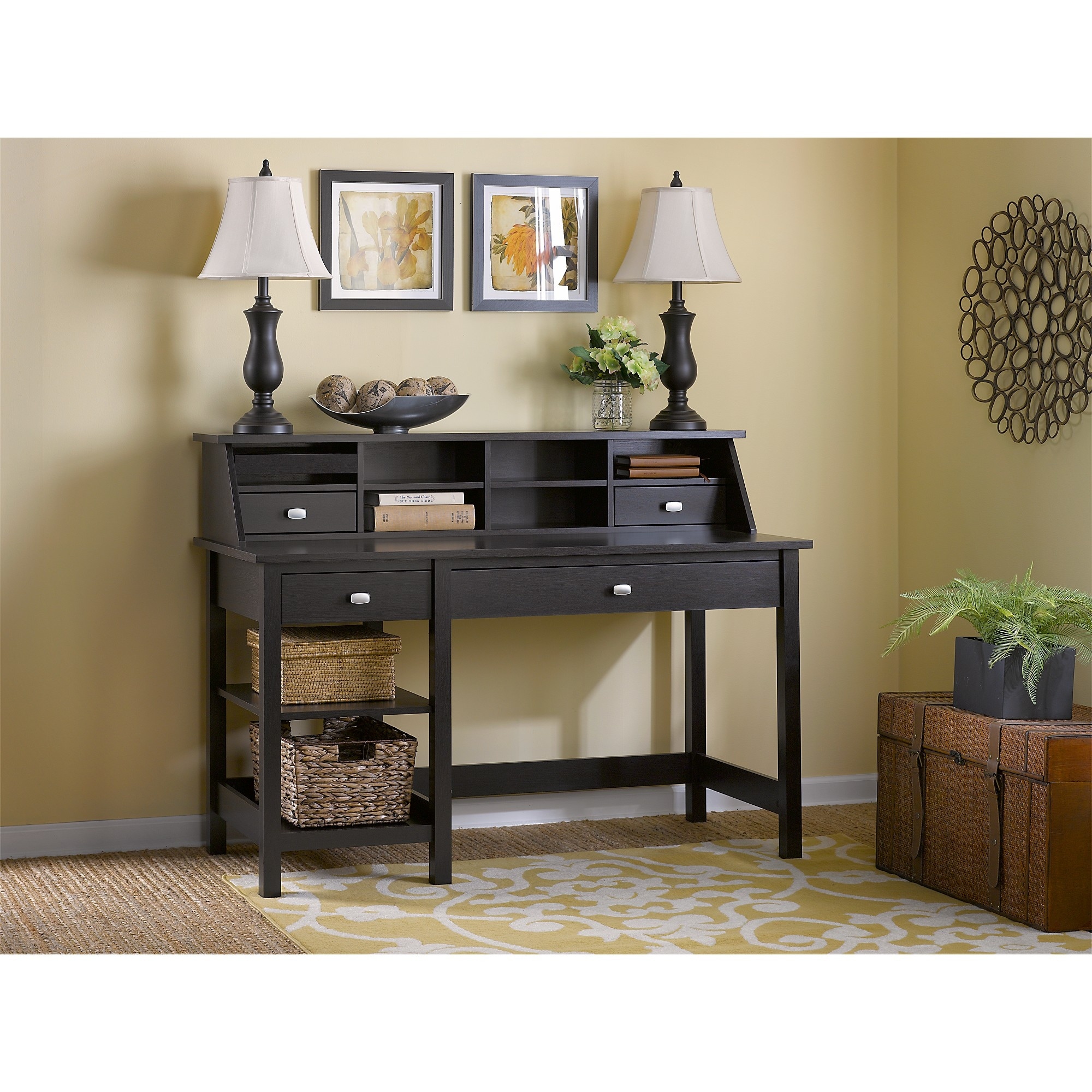 Shop Black Friday Deals On Copper Grove Rustavi Computer Desk With Open Storage And Desktop Organizer In Espresso Oak Overstock 10680850 Modern Gray