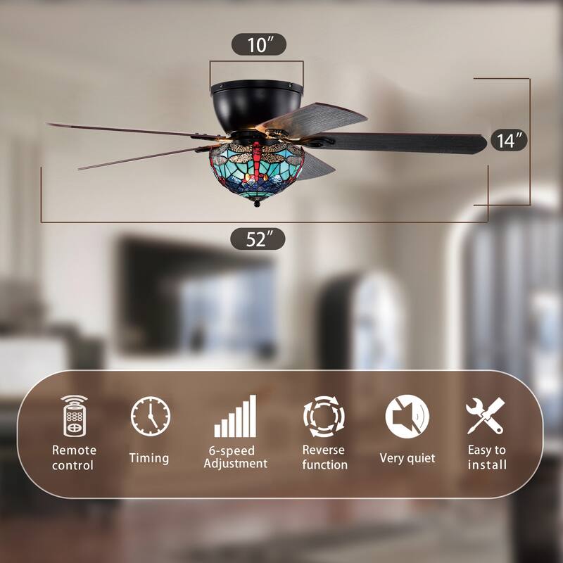 Pluvey 52-Inch Flushmount Lighted Ceiling Fan Blue Red Draginfly Tiffany Glass Lamp Black Finish