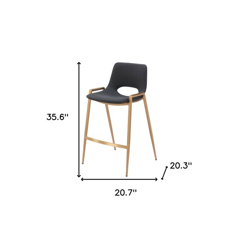 Set of Two 26" Black And Gold Faux Leather And Steel Low Back Counter Height Bar Chairs