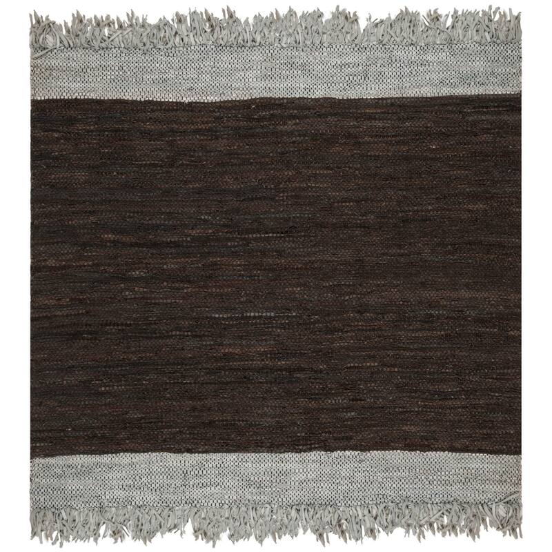 SAFAVIEH Handmade Vintage Boho Leather Catrina Modern Stripe Leather - 6' Square - Light Grey/Dark Brown - Square
