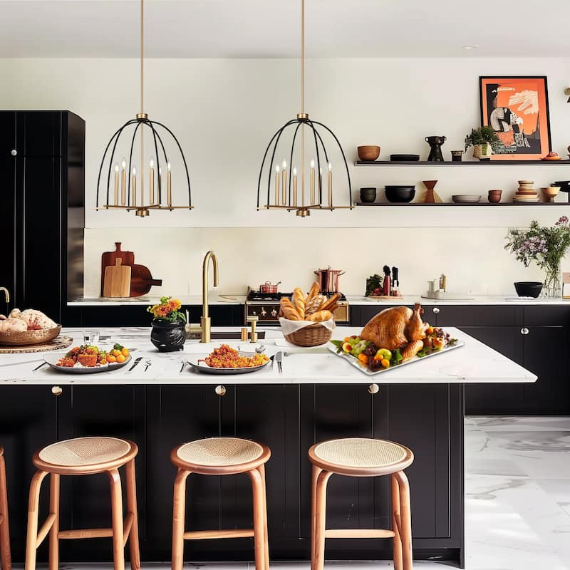 Modern 6-Light Birdcage Chandelier Black Gold Pendant for Dining Room - 23.6 " × 25 "