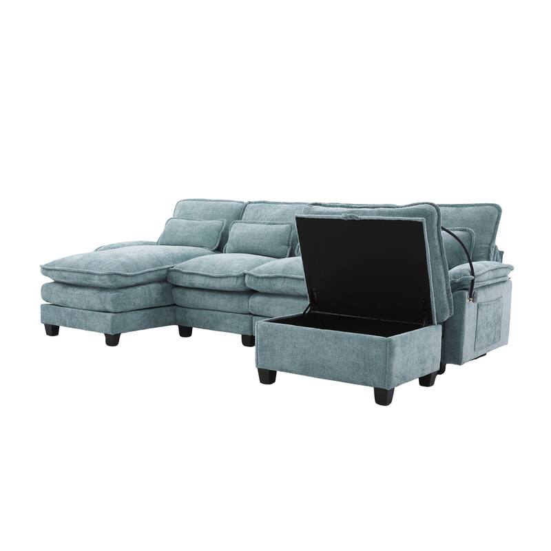 Chenille U-shape Sectional Sofa with Chaise and Storage Ottoman, Modular Couch with USB/Type-C Ports, Side Pockets, Phone Holder