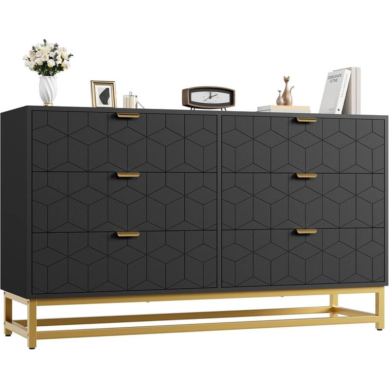 6 Drawer Dresser for Bedroom, Wide Chest with Storage Drawers and Metal Legs for Living Room or Entryway - Black