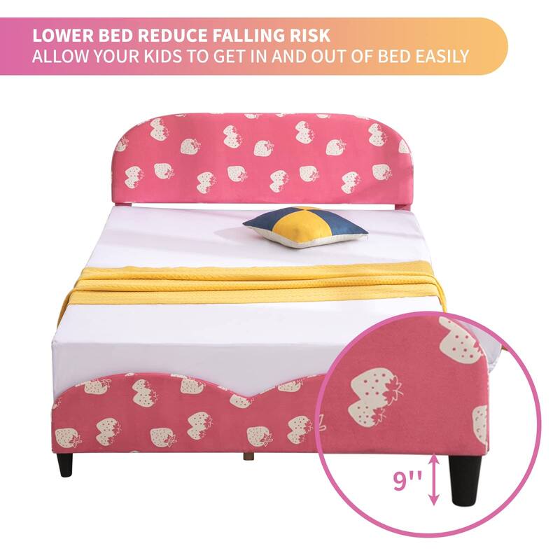 Kids Bed Frame with Headboard, Upholstered Platform Bed with Slatted Bed Base