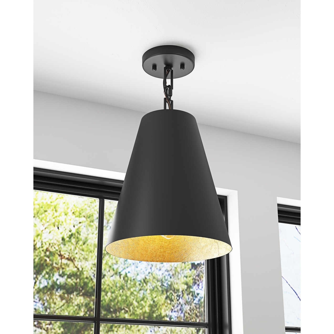 Farmhouse Gold Leaf Inside Pendant Light Fixture Over Table 3 Pack with Cone Metal Shade