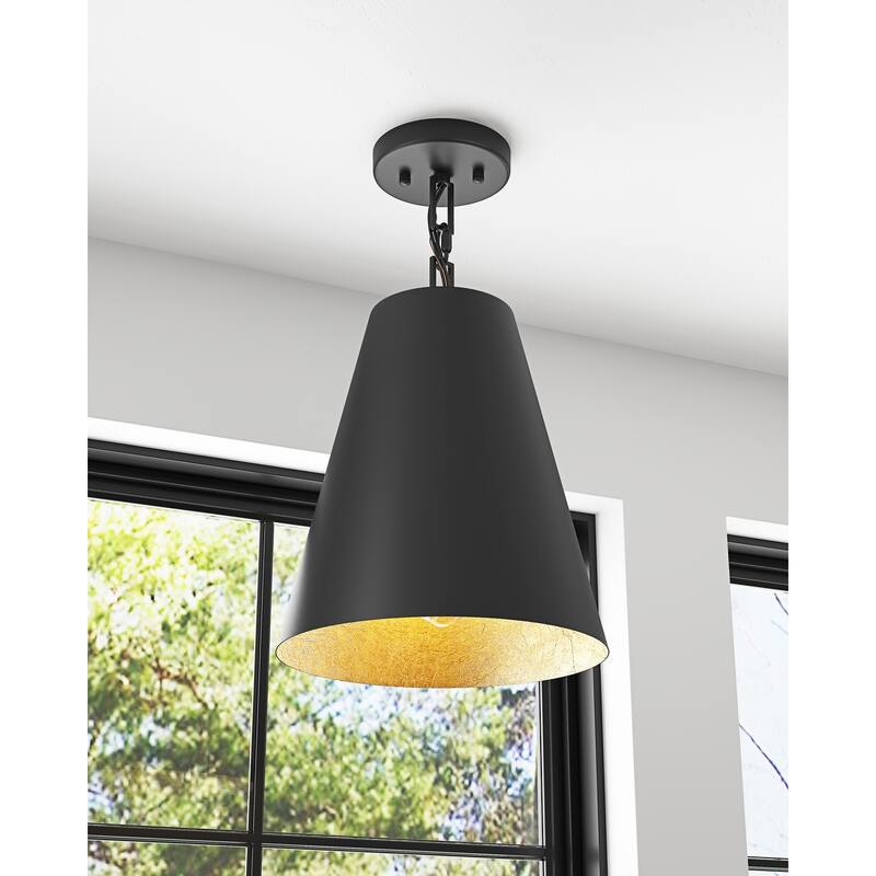 Farmhouse Gold Leaf Inside Pendant Light Fixture Over Table 3 Pack with Cone Metal Shade - Black