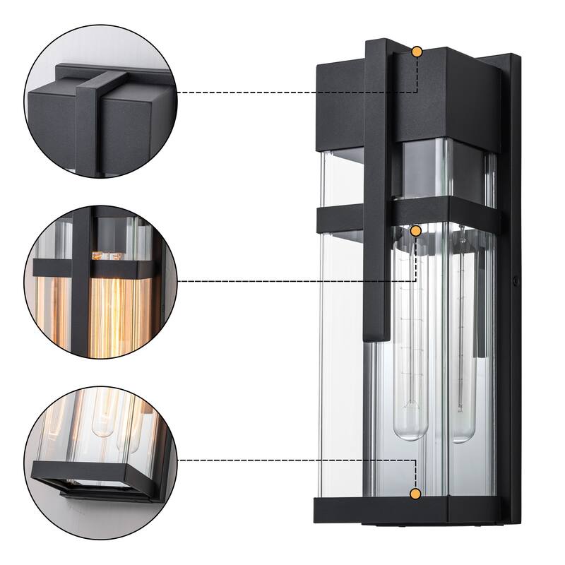 C Cattleya 2-Pack Modern Matte Black Outdoor Wall Lanterns with Clear Tempered Glass