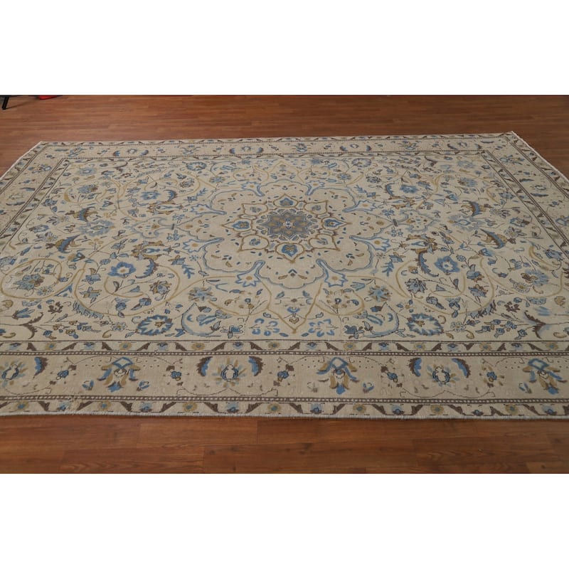 Floral Tabriz Persian Area Rug Beige Floral Handmade Wool Carpet - 7'2"x 10'5"