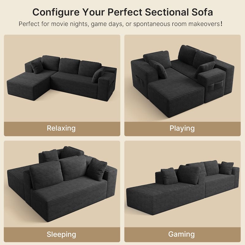 105" Cloud Sectional Couch with L-Shape Chaise, Modular Boneless Sofa, Upholstered Corduroy Couch
