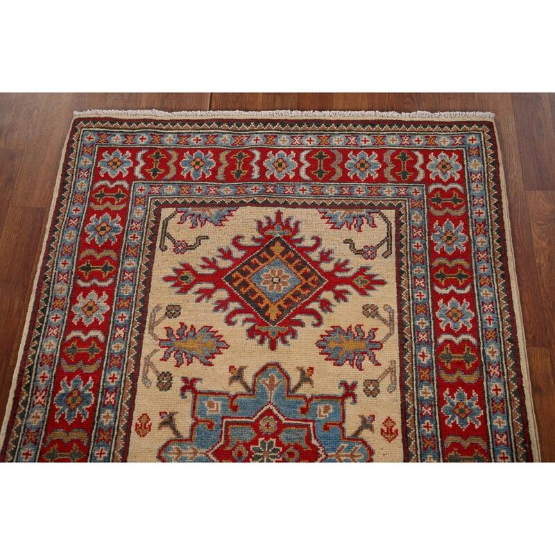 Traditional Kazak Oriental Foyer Rug Handmade Beige Wool Carpet - 3'3" x 4'11"