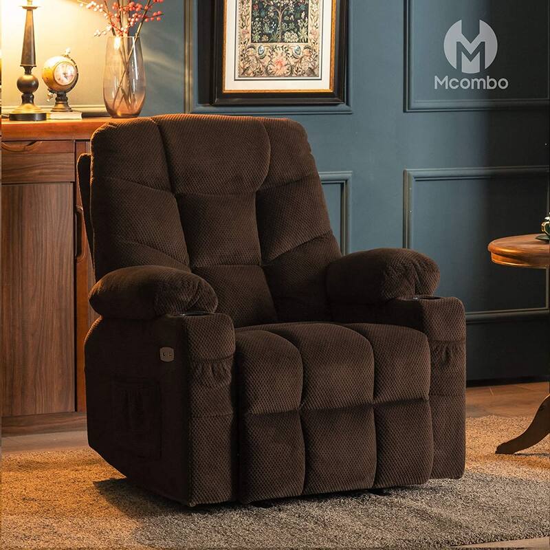 Mcombo Manual Glider Rocker Recliner with Cup Holders for Nursery, USB Ports, 2 Side & Front Pockets, Plush Fabric 8002