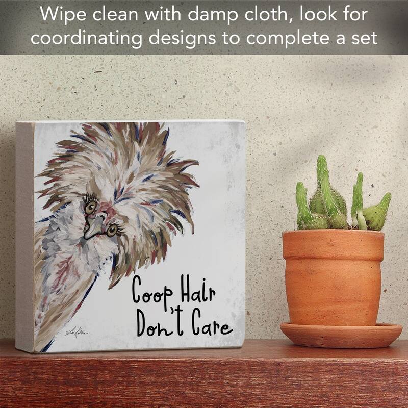 Coop Hair Artistic Freestanding Solid Wood Block Sign Made in the USA 3.75” Square Decorative Accent for Home or Office - Multi