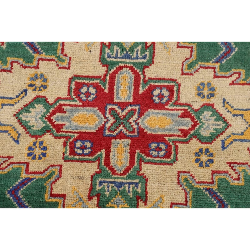 Green Geometric Kazak Oriental Area Rug Handmade Bedroom Wool Carpet - 5'0" x 6'7"