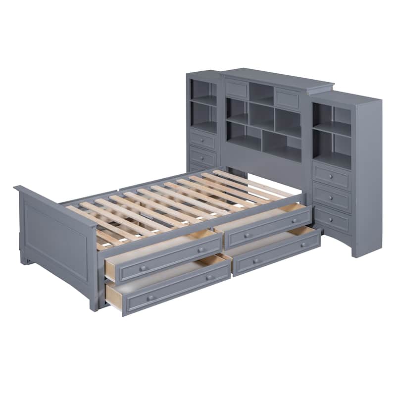 Twin Storage Bookcase Bed Frame Multifunctional Platform Bed Captain Bed with All-in-One Cabinet & 4 Drawers on Each Side
