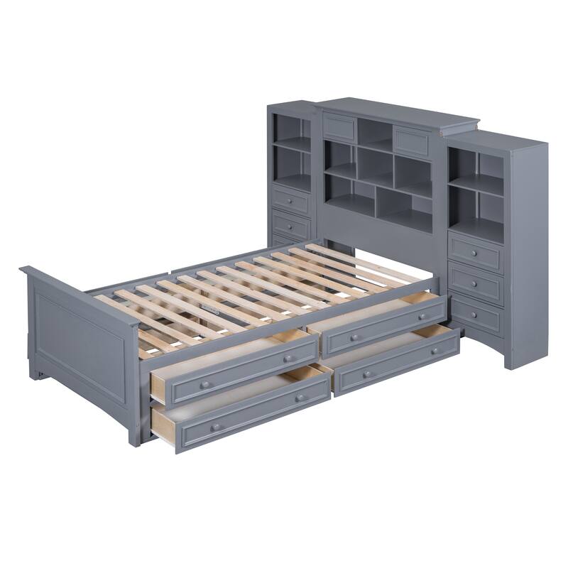 Twin Wood Platform Bed with Vertical Cabinet - Features 8 Drawers (4 Each Side) & Storage Compartments