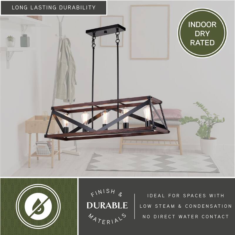 Wade 5L Black and Wood Rustic Cage Linear Chandelier Island Pendant Light Fixture - 36.75-in W x 10.75-in H x 12.75-in D