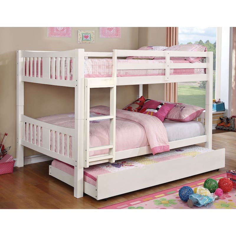 Full Over Full Bunk Bed with Attached Ladder, White Finish, Trundle Not Included