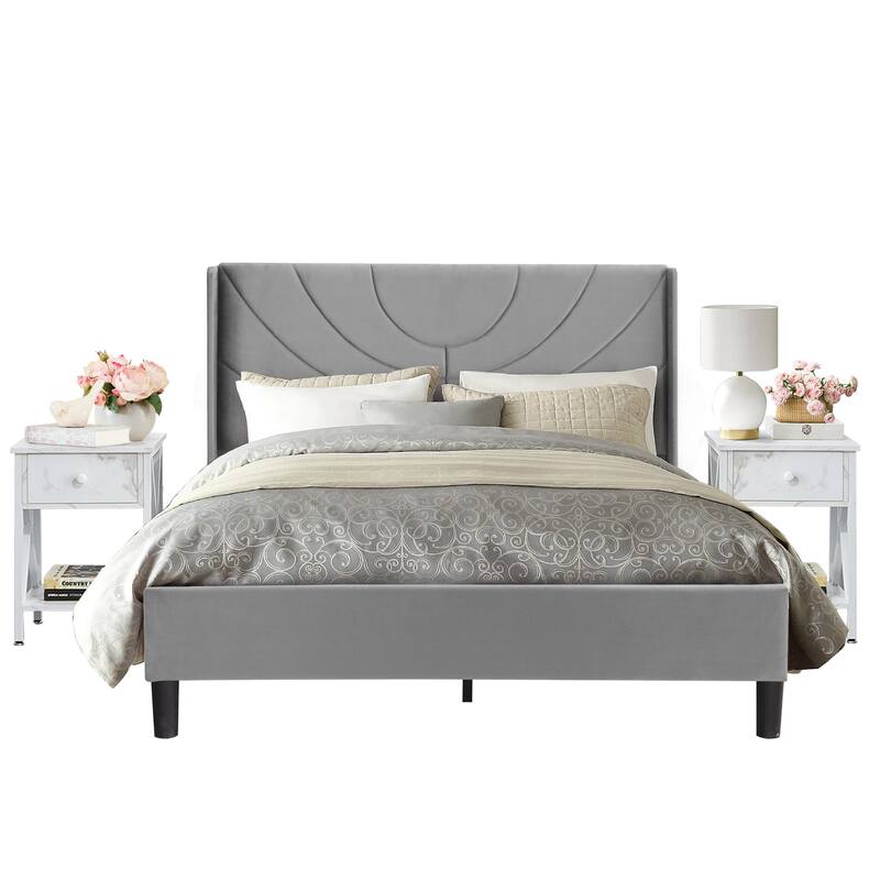 VECELO Bedroom Sets 3-pieces Bedroom Set with Height Adjustable Upholstered Bed and Nightstands Set of 2