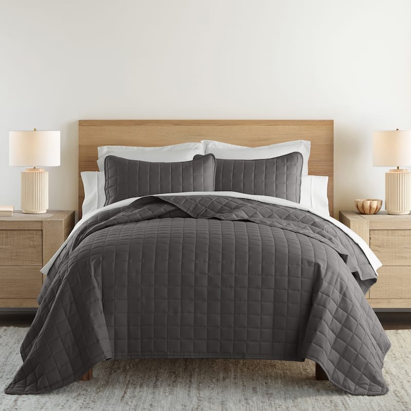 Becky Cameron Premium Ultra Soft Square Quilted Coverlet Set - Grey - Queen