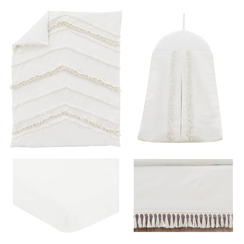 Ivory Gender Neutral Boho Bohemian Collection Girl Boy 4pc Nursery Crib Bedding Set - Off White Farmhouse Chic Fringe Cotton