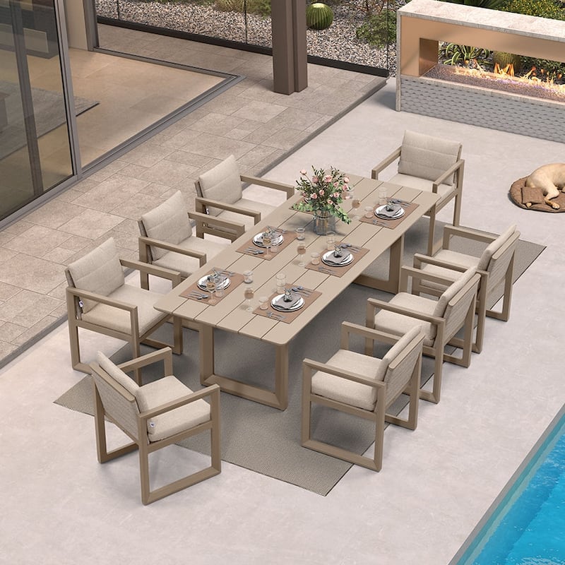 PURPLE LEAF Caesar Outdoor Dining Set Aluminum Luxury Patio Furniture with Olifen Removable Thick Cushion and Pillow-Khaki - N/A - 9-Piece（260）