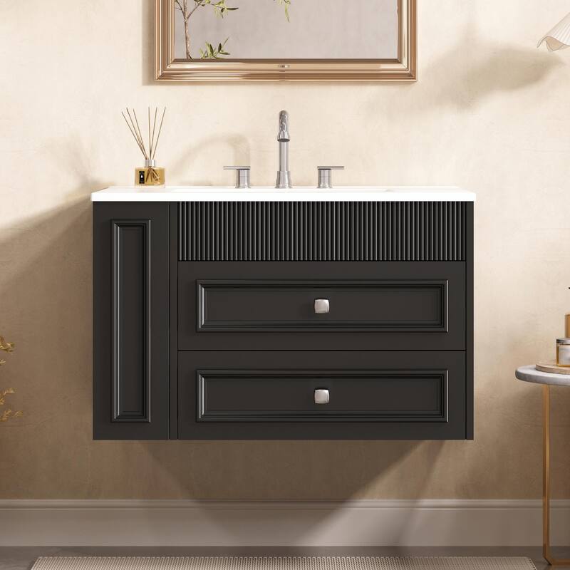30" Wall Mounted Bathroom Vanity - Floating Storage Cabinet with 2 Drawers and 3-Hole Single Ceramic Sink - Black