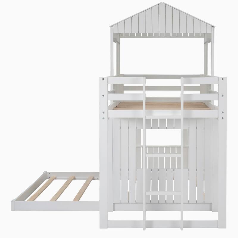 L-Shaped Bunk Bed Playhouse Wooden Twin Over Full House Bed, Loft Bed with Ladder and Guardrails for Bedroom Kids Play & Sleep