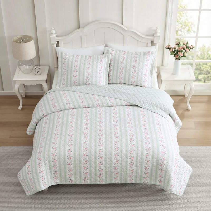 Laura Ashley Rosebud Stripe Cotton Reversible Green Quilt Set