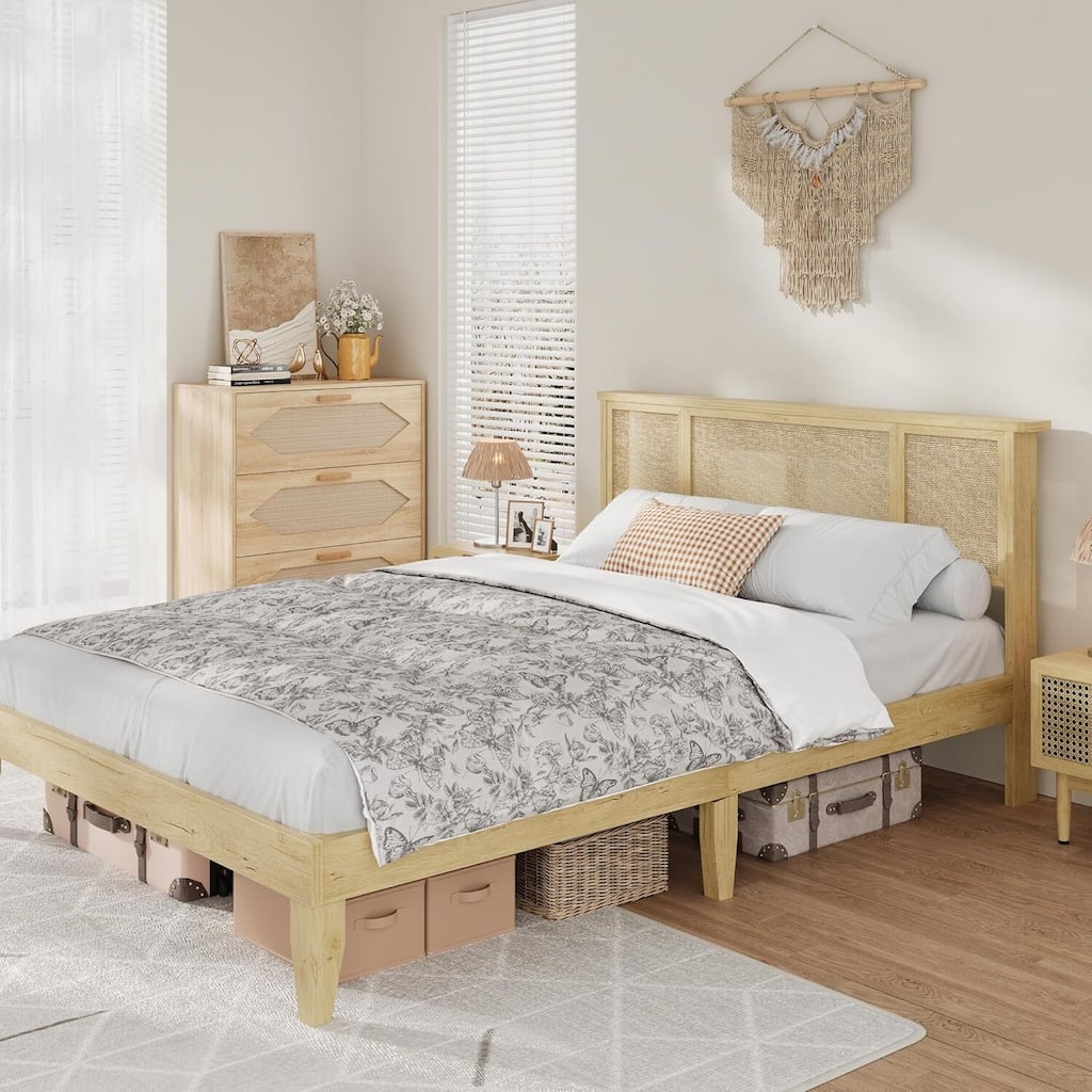 Boho-Style Platform Bed Frame with Natural Rattan Headboard, No Box Spring Required
