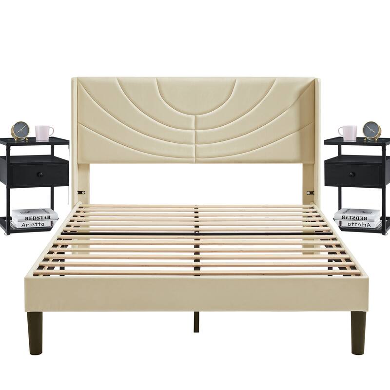Bedroom Sets, 3-pieces Bedroom Set with Height Adjustable Upholstered Bed and Nightstands Set of 2-VECELO, 15 Style Options - Beige - Queen
