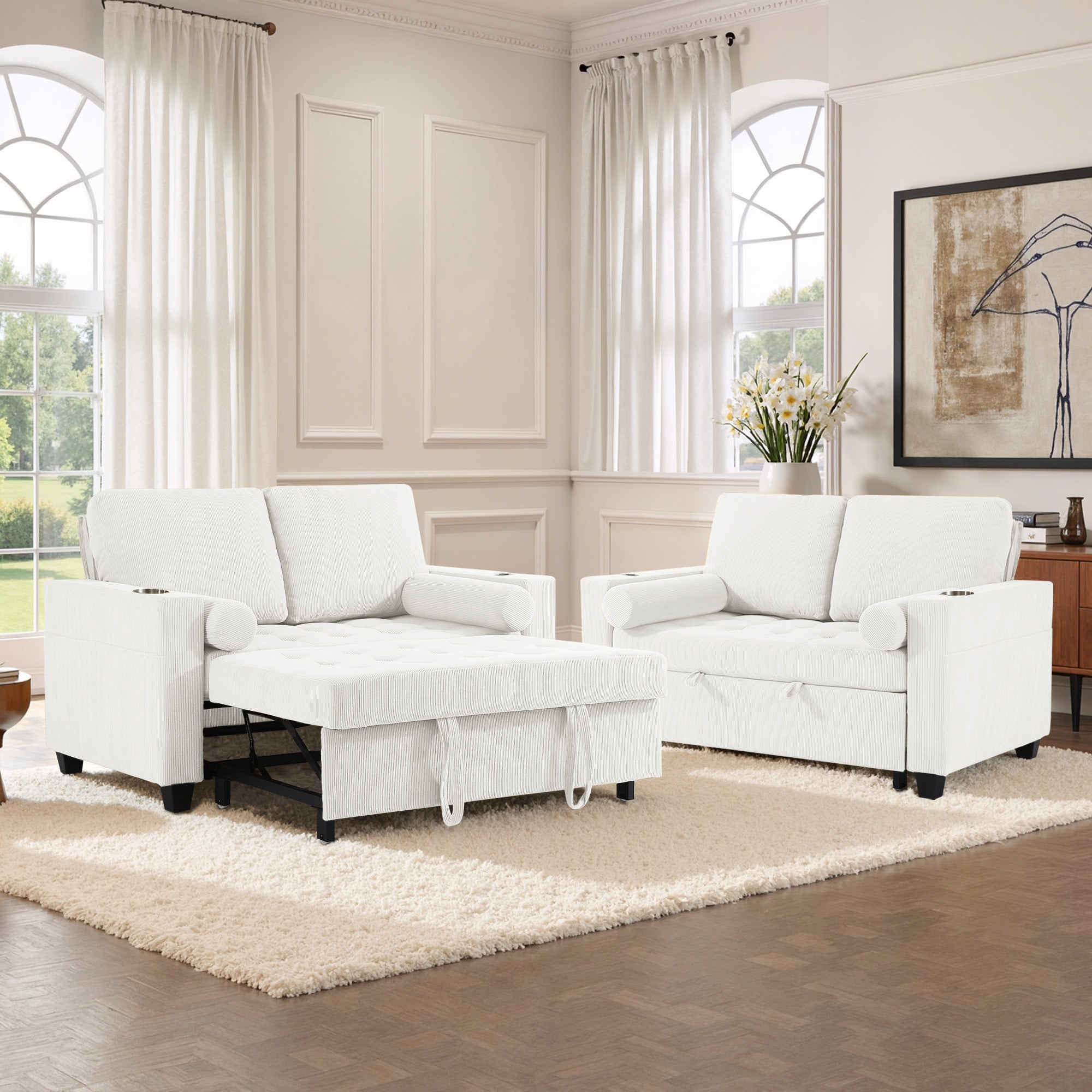 Set of 2 Corduroy Convertible Sleeper Chairs Pull-Out Chair Beds with 2 USB Port