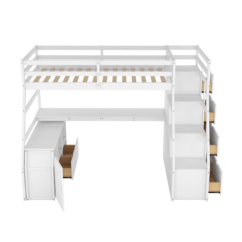 Twin Size Loft Bed with Drawers, Shelves, and Desk in White
