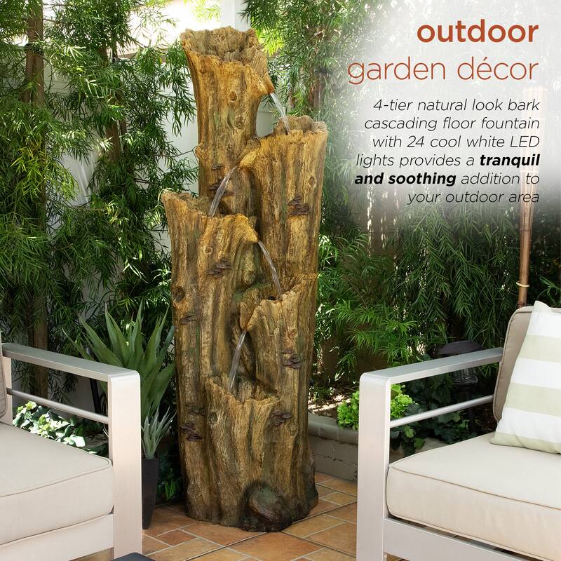 Alpine Corporation 65 Tall Outdoor 4 Tier Cascading Tree Bark Water Fountain with LED Lights Elegant Water Feature for Garden